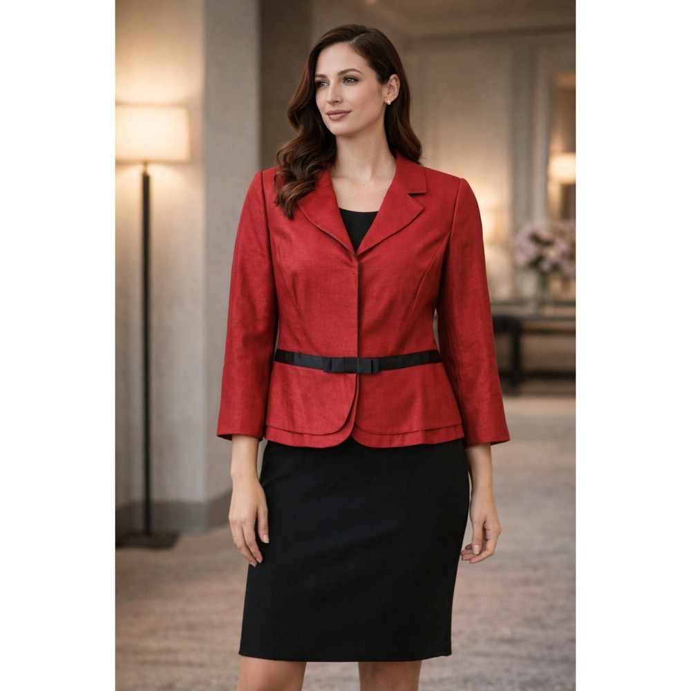 NWT Adrianna Papell Red Tailored Jacket Snap Front Ribbon Detail 16